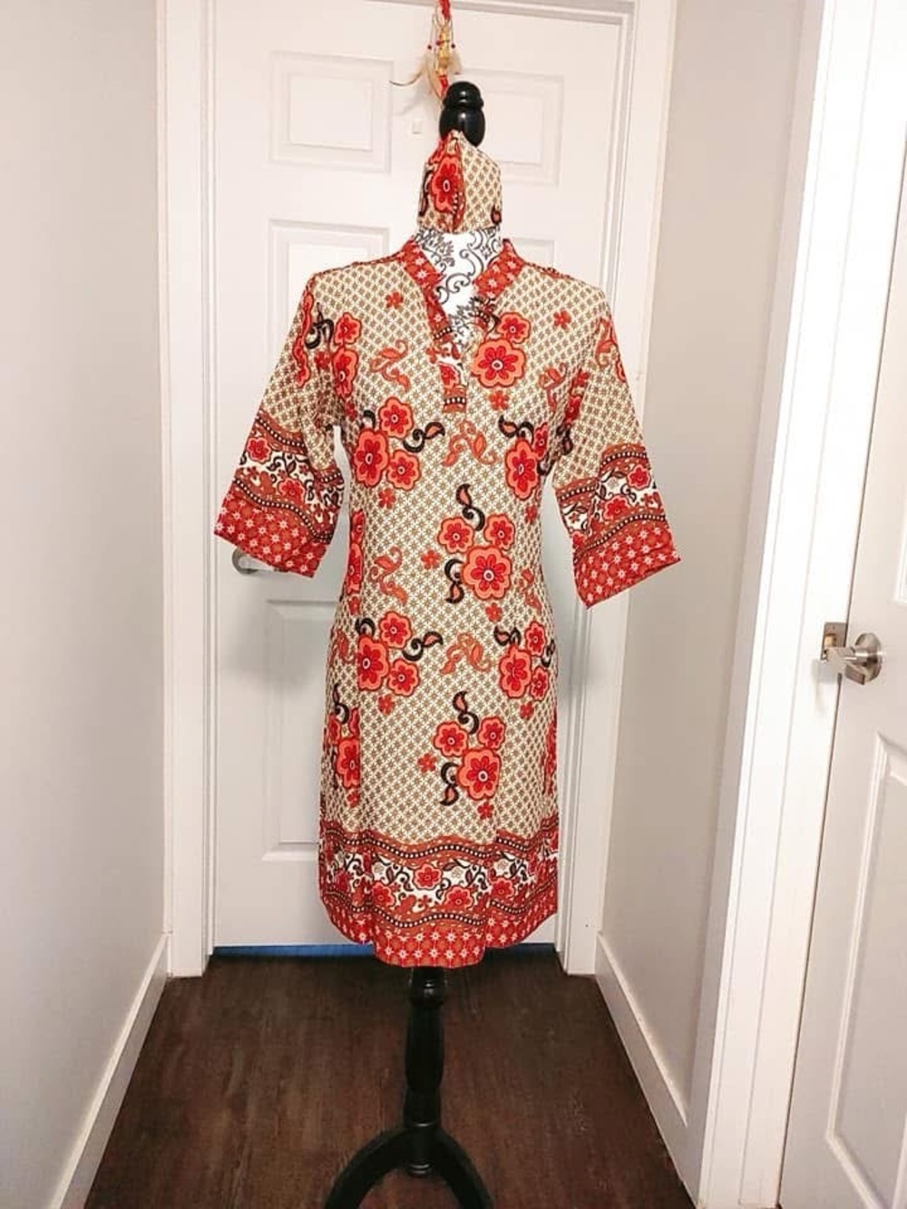 Floral Red and Cream Long Sleeve Dress